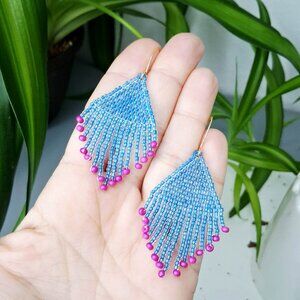 BOGO EARRINGS Blue and pink beaded fringe dangle earrings, 2.75"